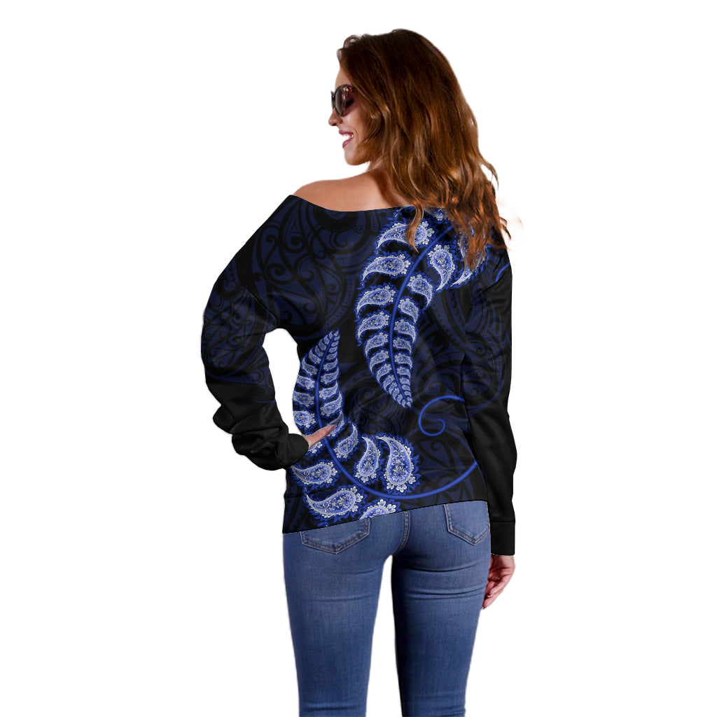 Blue New Zealand Paisley Silver Fern Off Shoulder Sweater Aotearoa Maori - Vibe Hoodie Shop