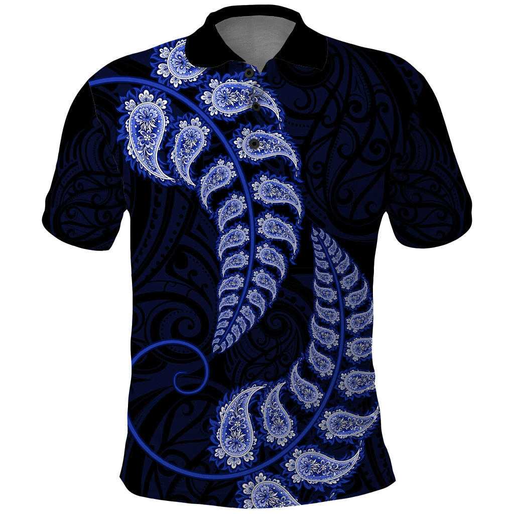 Blue New Zealand Paisley Silver Fern Polo Shirt Aotearoa Maori - Vibe Hoodie Shop