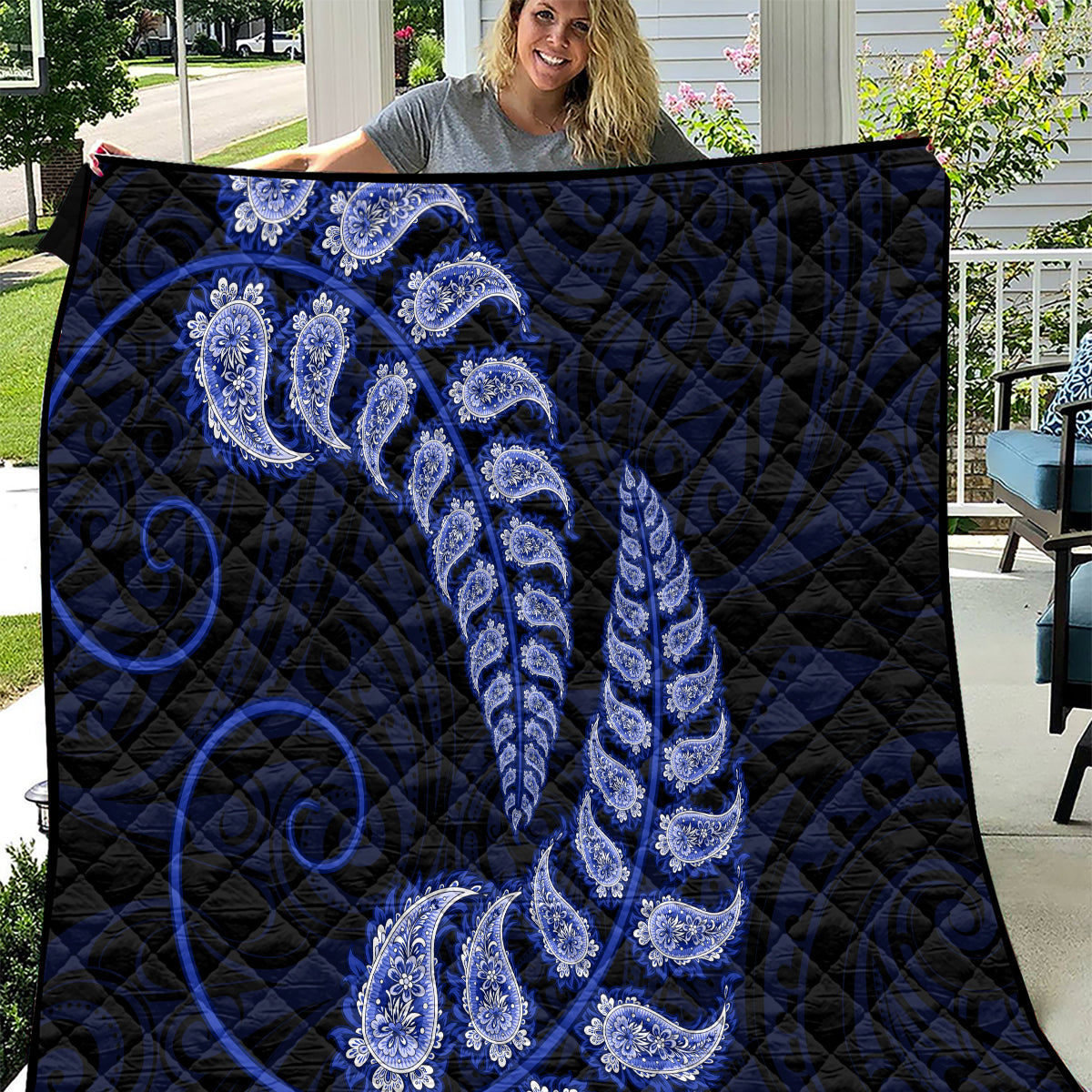 Blue New Zealand Paisley Silver Fern Quilt Aotearoa Maori - Vibe Hoodie Shop