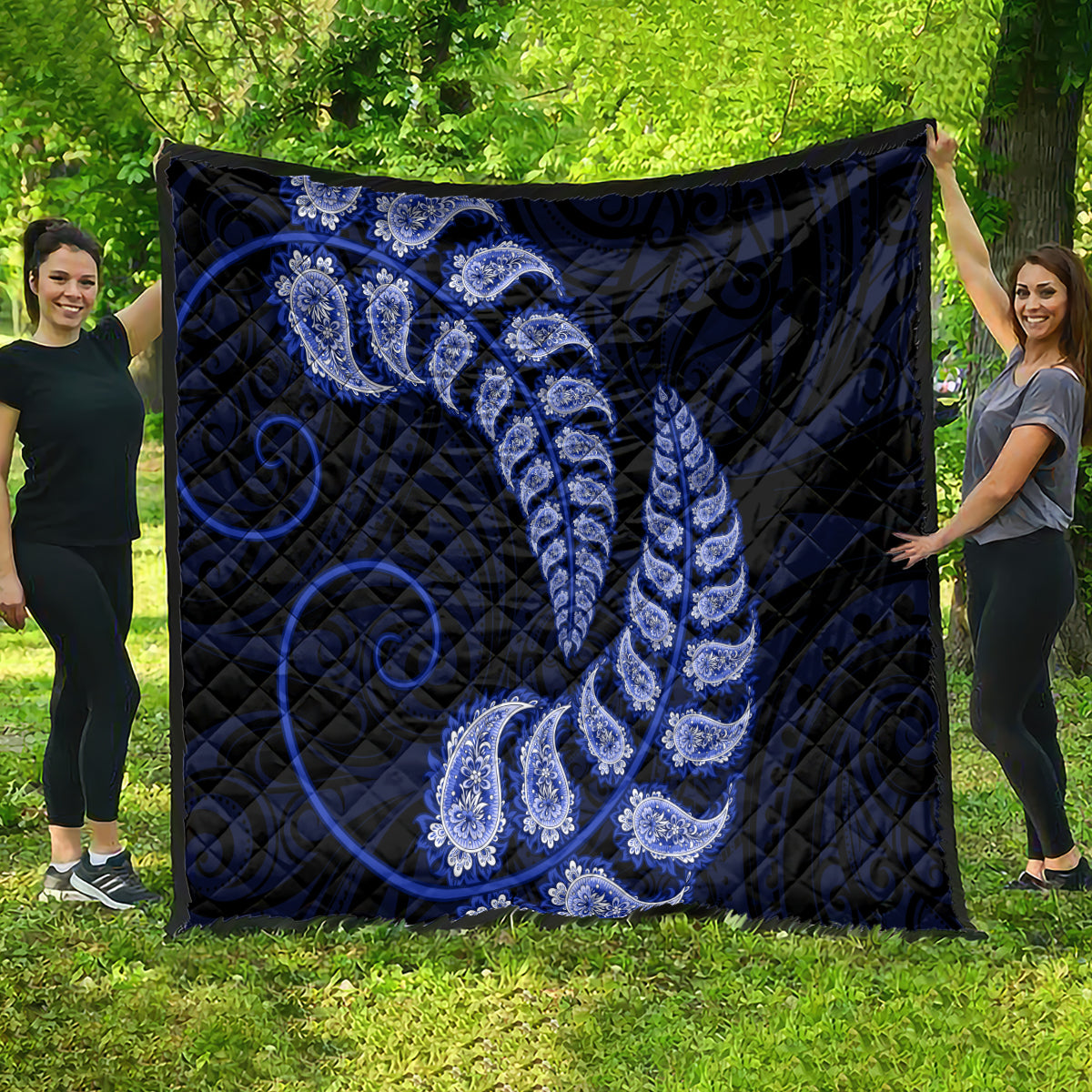 Blue New Zealand Paisley Silver Fern Quilt Aotearoa Maori - Vibe Hoodie Shop