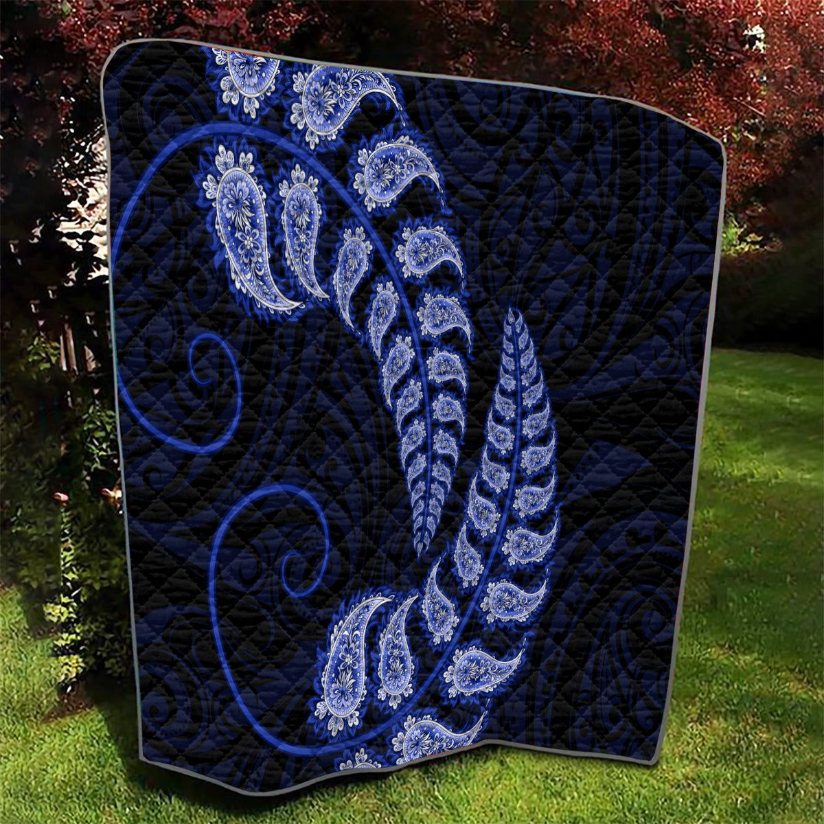 Blue New Zealand Paisley Silver Fern Quilt Aotearoa Maori - Vibe Hoodie Shop