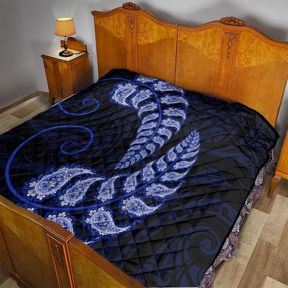 Blue New Zealand Paisley Silver Fern Quilt Aotearoa Maori - Vibe Hoodie Shop