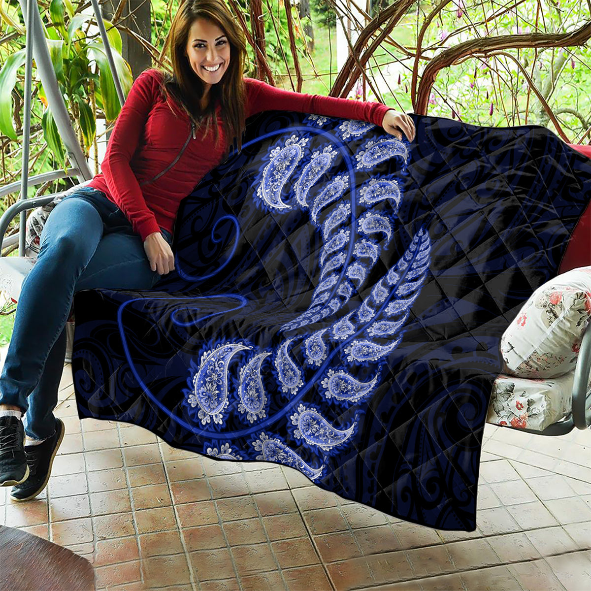 Blue New Zealand Paisley Silver Fern Quilt Aotearoa Maori - Vibe Hoodie Shop