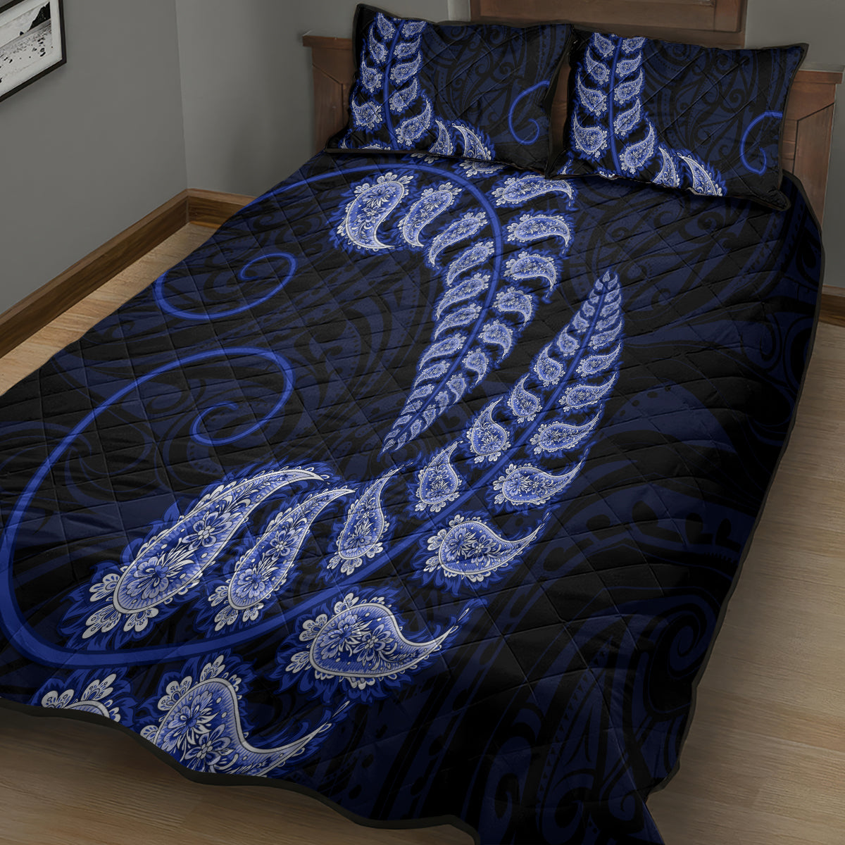 Blue New Zealand Paisley Silver Fern Quilt Bed Set Aotearoa Maori - Vibe Hoodie Shop