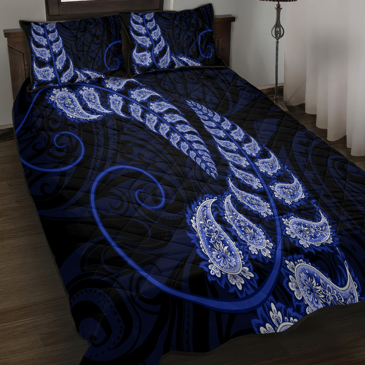 Blue New Zealand Paisley Silver Fern Quilt Bed Set Aotearoa Maori - Vibe Hoodie Shop