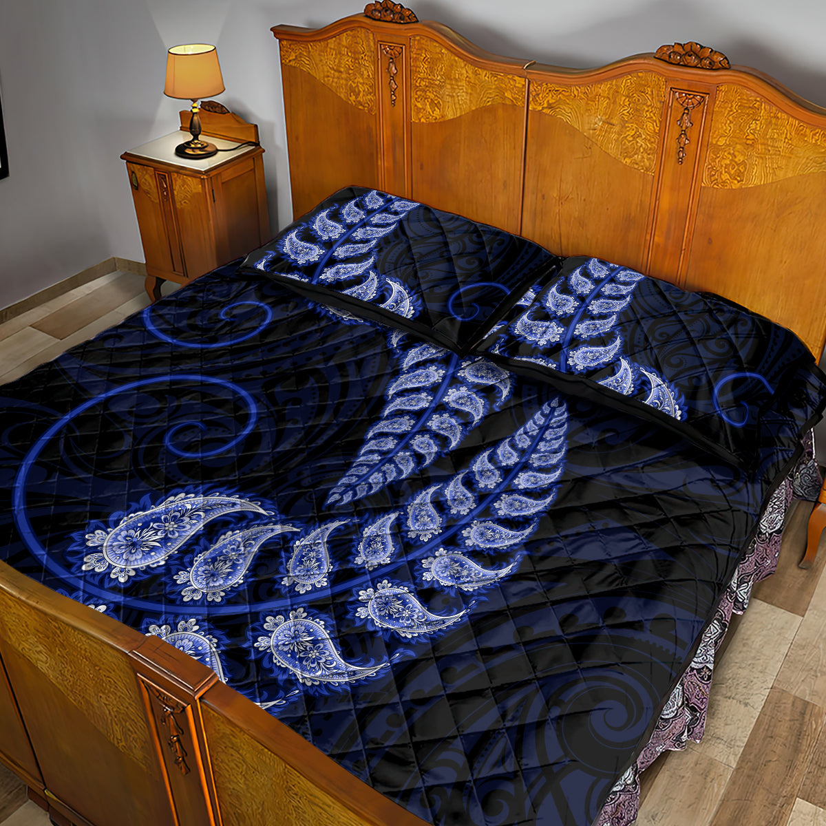 Blue New Zealand Paisley Silver Fern Quilt Bed Set Aotearoa Maori - Vibe Hoodie Shop