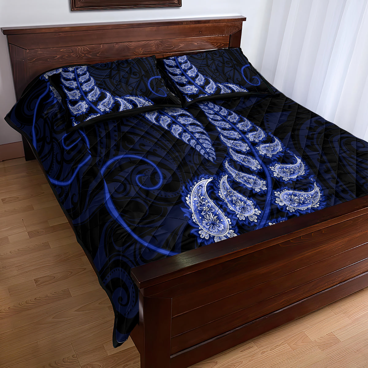 Blue New Zealand Paisley Silver Fern Quilt Bed Set Aotearoa Maori - Vibe Hoodie Shop