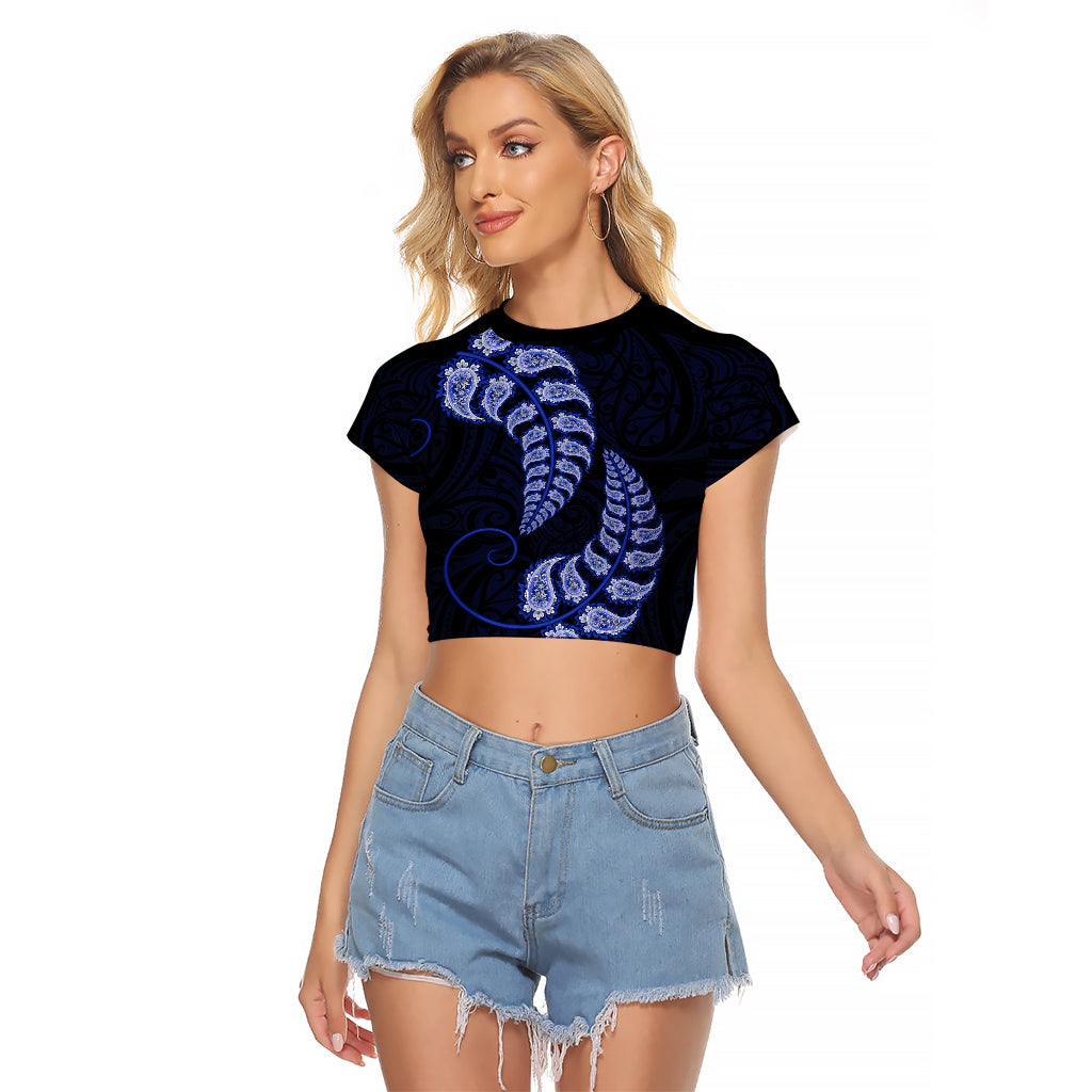 Blue New Zealand Paisley Silver Fern Raglan Cropped T Shirt Aotearoa Maori - Vibe Hoodie Shop