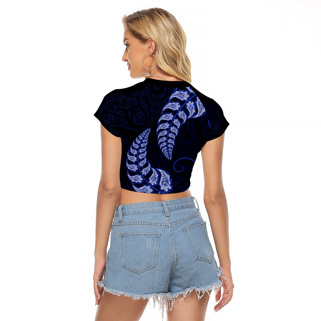 Blue New Zealand Paisley Silver Fern Raglan Cropped T Shirt Aotearoa Maori - Vibe Hoodie Shop