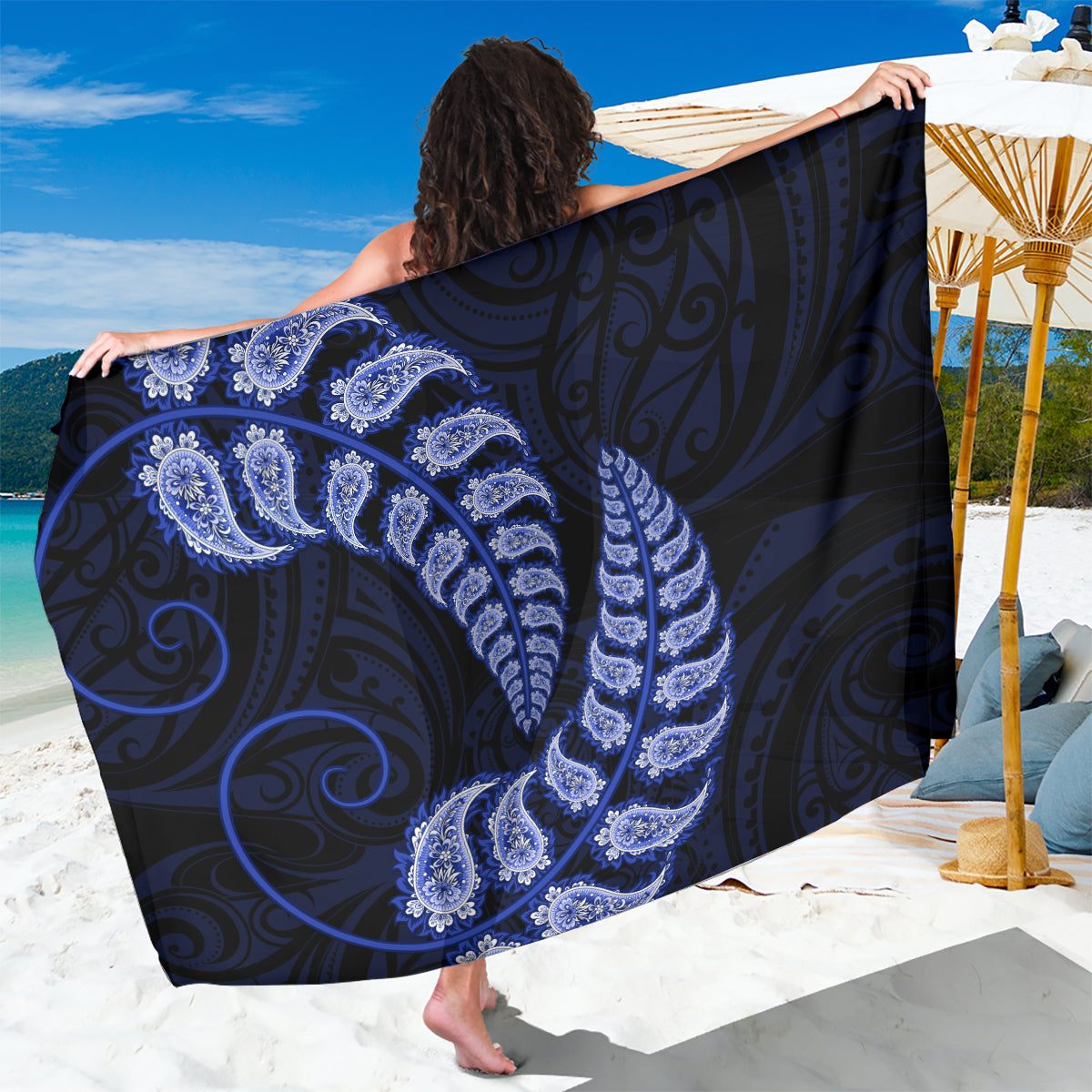 Blue New Zealand Paisley Silver Fern Sarong Aotearoa Maori - Vibe Hoodie Shop