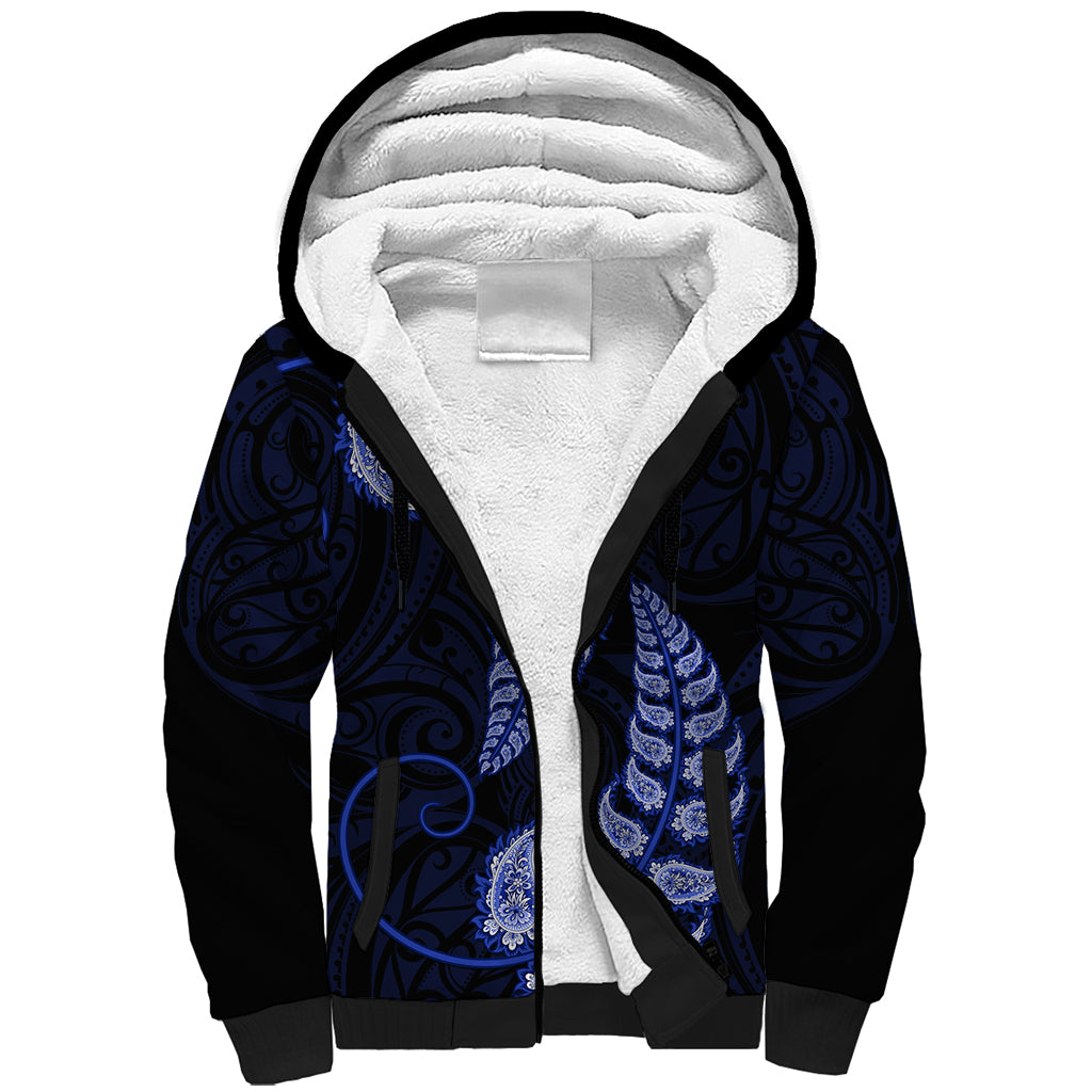 Blue New Zealand Paisley Silver Fern Sherpa Hoodie Aotearoa Maori - Vibe Hoodie Shop