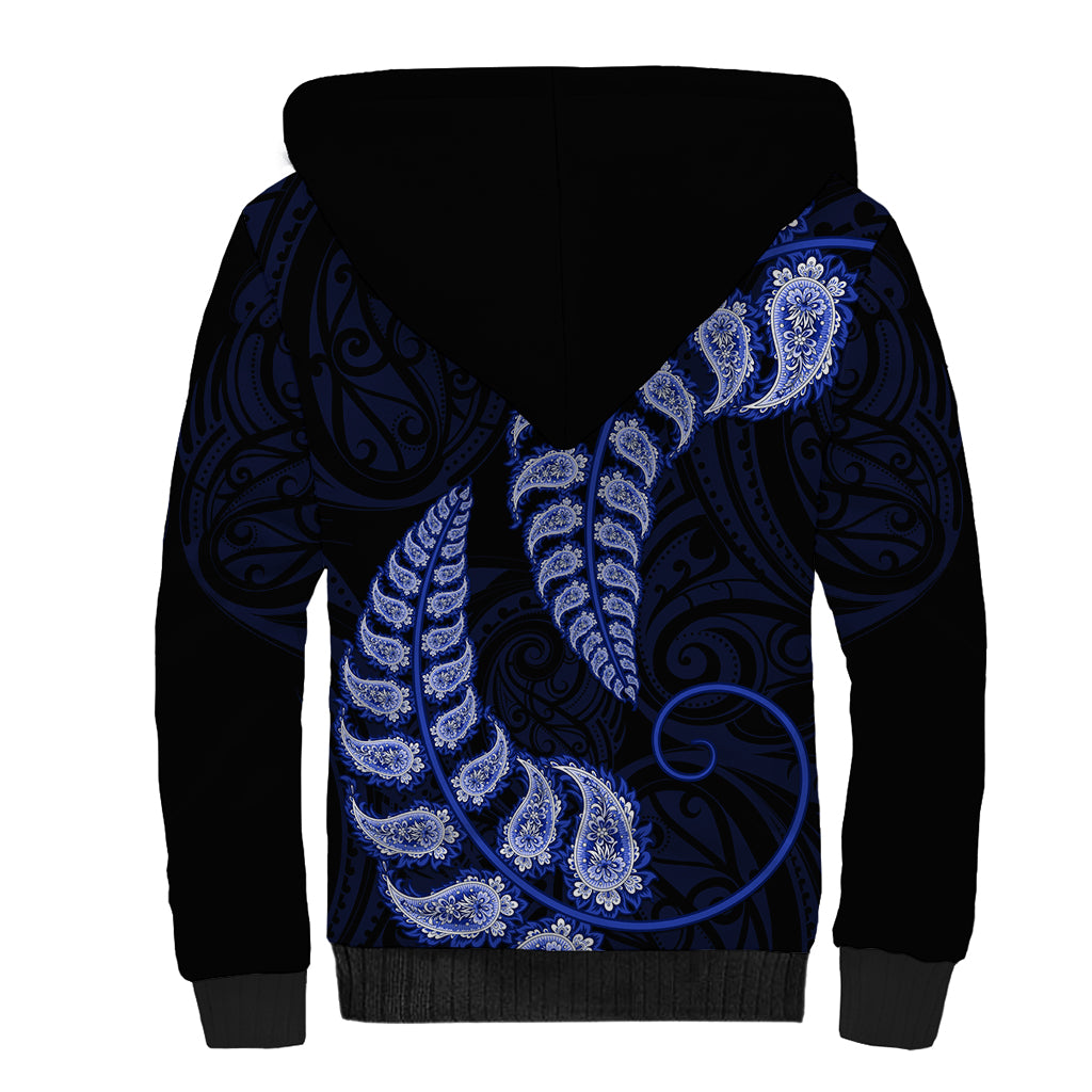 Blue New Zealand Paisley Silver Fern Sherpa Hoodie Aotearoa Maori - Vibe Hoodie Shop