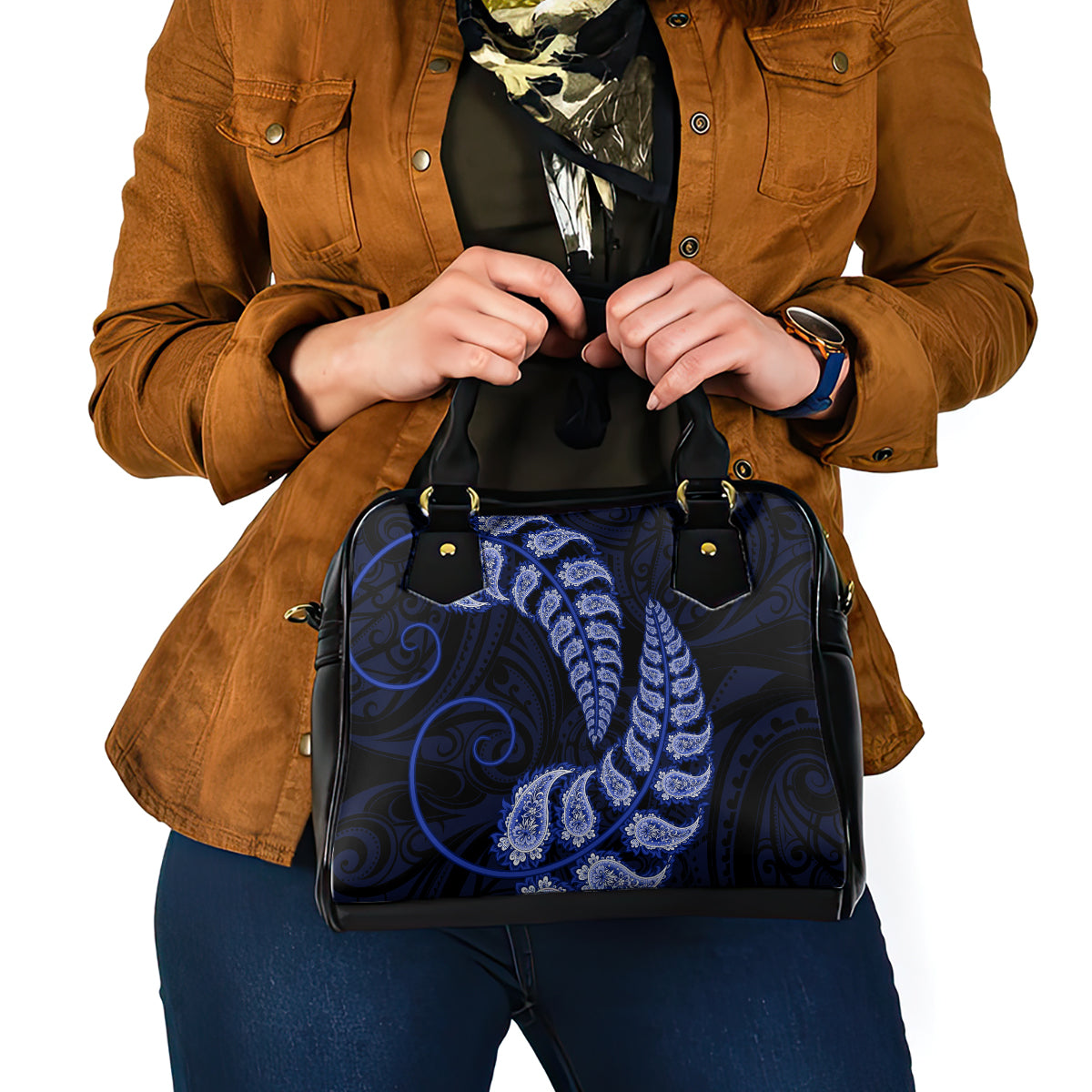 Blue New Zealand Paisley Silver Fern Shoulder Handbag Aotearoa Maori - Vibe Hoodie Shop