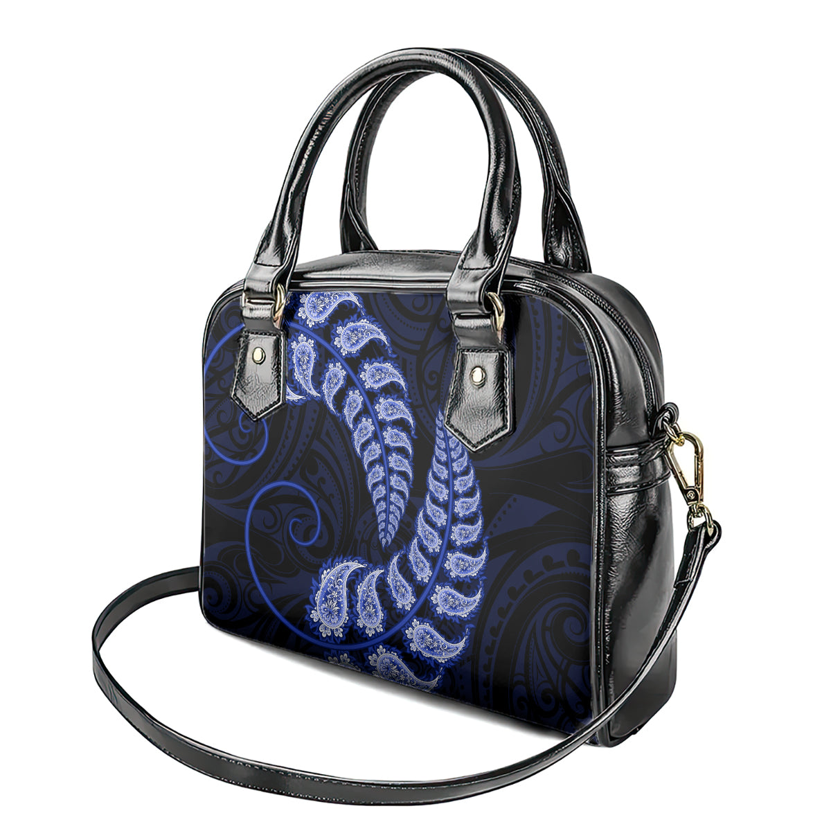 Blue New Zealand Paisley Silver Fern Shoulder Handbag Aotearoa Maori - Vibe Hoodie Shop