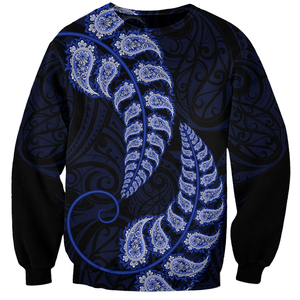 Blue New Zealand Paisley Silver Fern Sweatshirt Aotearoa Maori - Vibe Hoodie Shop