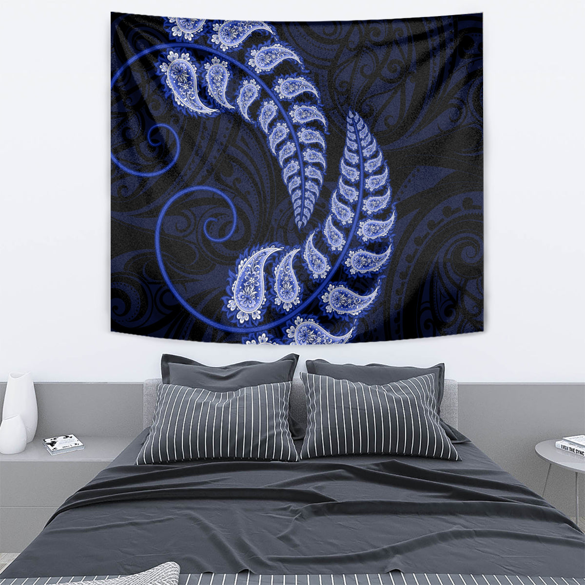 Blue New Zealand Paisley Silver Fern Tapestry Aotearoa Maori - Vibe Hoodie Shop