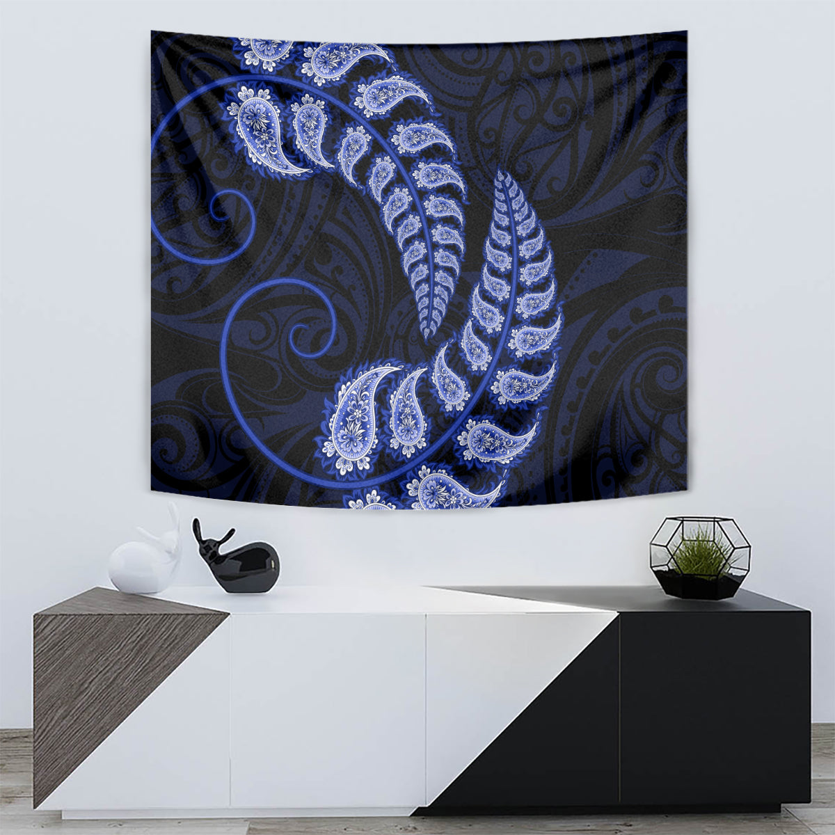 Blue New Zealand Paisley Silver Fern Tapestry Aotearoa Maori - Vibe Hoodie Shop