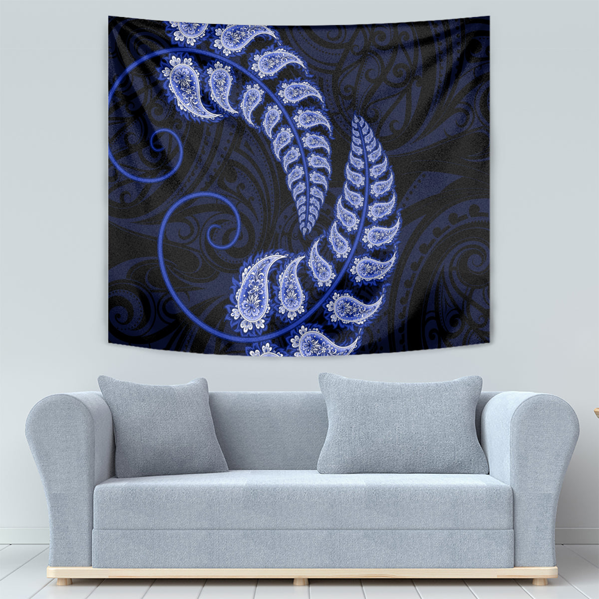 Blue New Zealand Paisley Silver Fern Tapestry Aotearoa Maori - Vibe Hoodie Shop