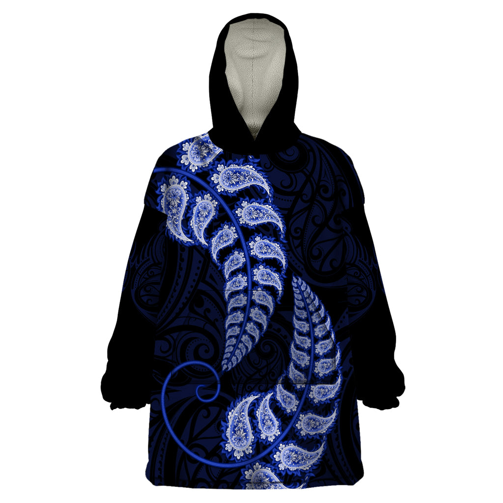 Blue New Zealand Paisley Silver Fern Wearable Blanket Hoodie Aotearoa Maori - Vibe Hoodie Shop