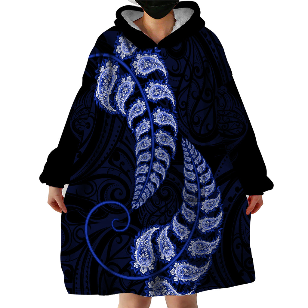 Blue New Zealand Paisley Silver Fern Wearable Blanket Hoodie Aotearoa Maori - Vibe Hoodie Shop