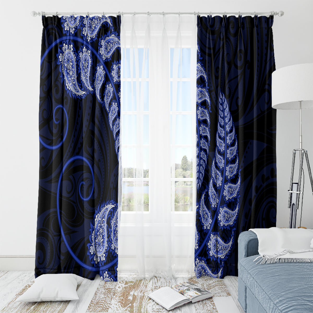 blue-new-zealand-paisley-silver-fern-window-curtain-aotearoa-maori