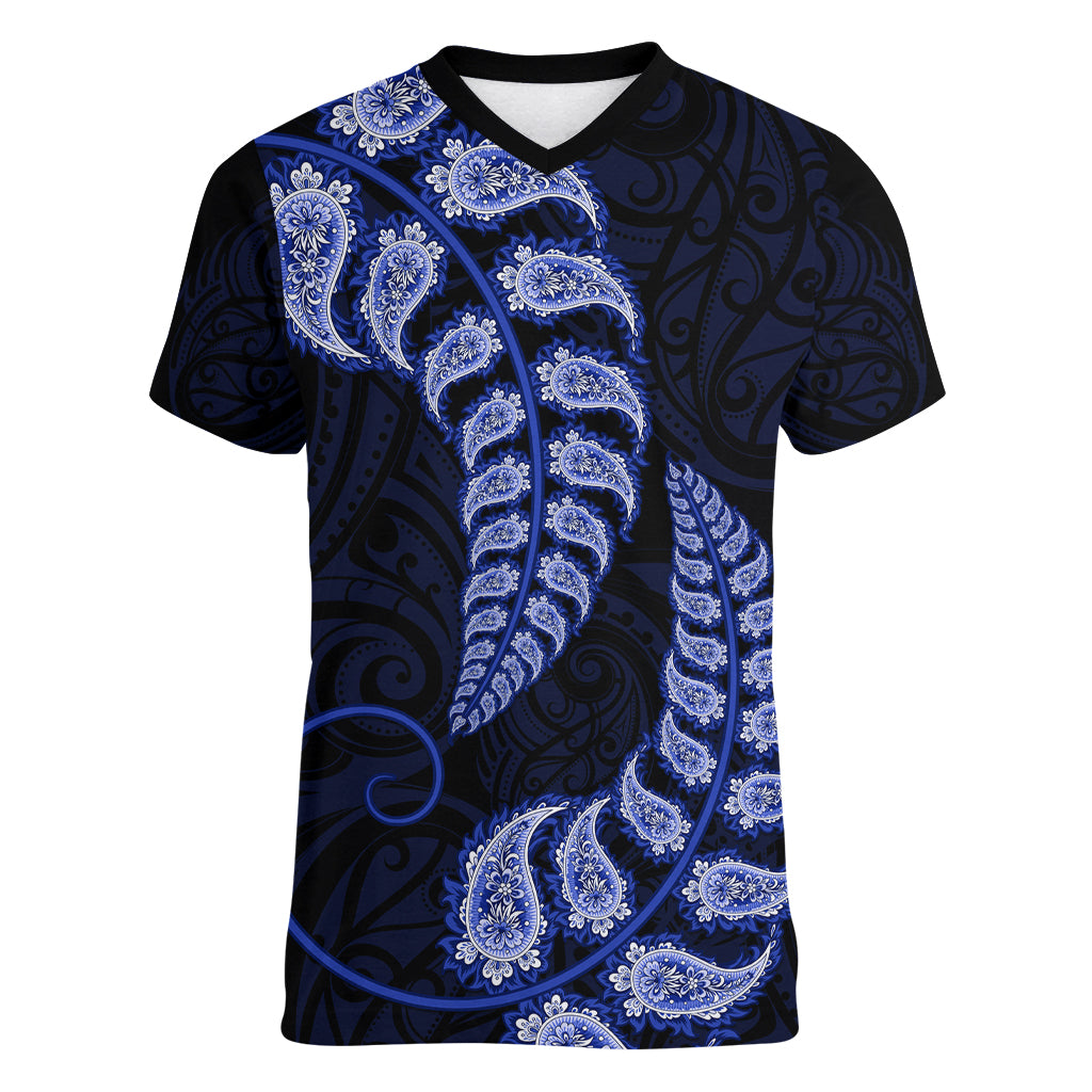 Blue New Zealand Paisley Silver Fern Women V Neck T Shirt Aotearoa Maori - Vibe Hoodie Shop