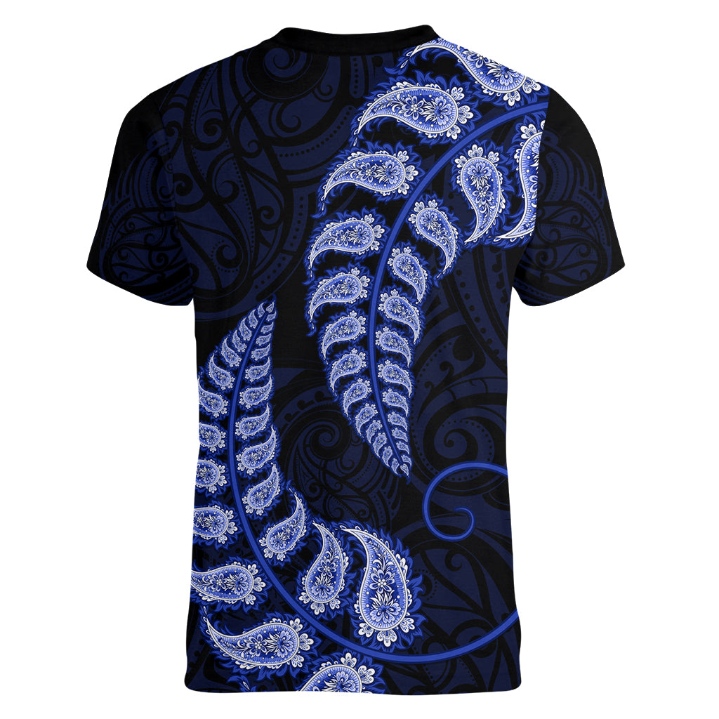 Blue New Zealand Paisley Silver Fern Women V Neck T Shirt Aotearoa Maori - Vibe Hoodie Shop