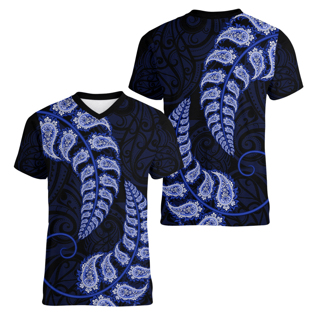 Blue New Zealand Paisley Silver Fern Women V Neck T Shirt Aotearoa Maori - Vibe Hoodie Shop