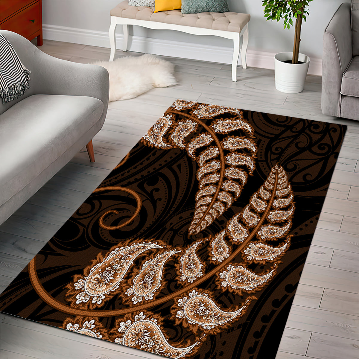 Brown New Zealand Paisley Silver Fern Area Rug Aotearoa Maori - Vibe Hoodie Shop