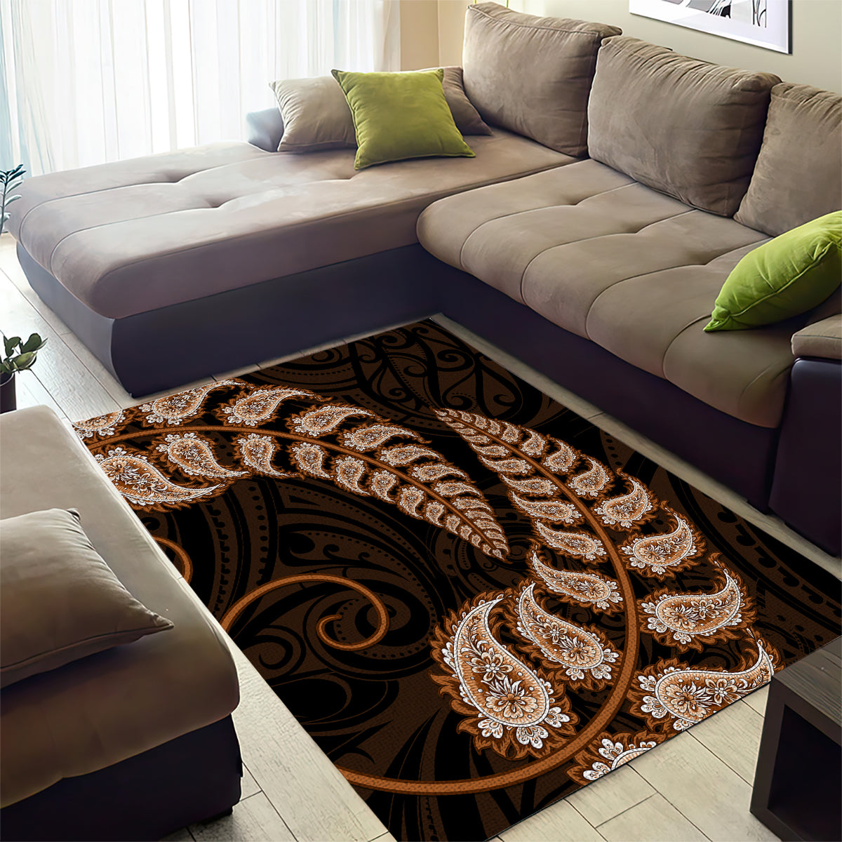 Brown New Zealand Paisley Silver Fern Area Rug Aotearoa Maori - Vibe Hoodie Shop