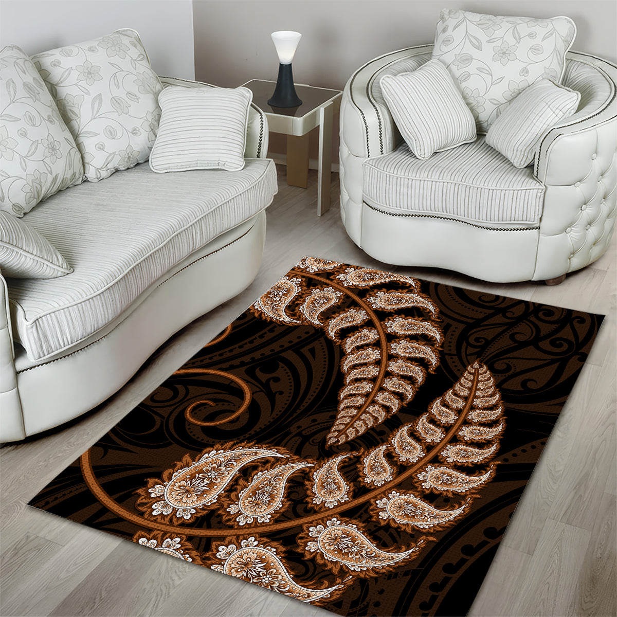 Brown New Zealand Paisley Silver Fern Area Rug Aotearoa Maori - Vibe Hoodie Shop