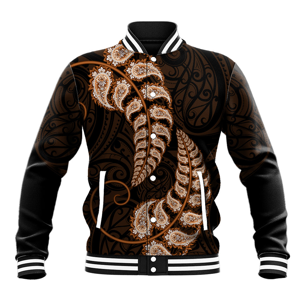 Brown New Zealand Paisley Silver Fern Baseball Jacket Aotearoa Maori - Vibe Hoodie Shop