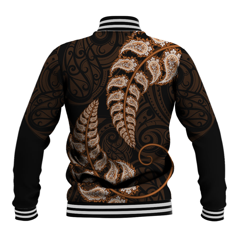 Brown New Zealand Paisley Silver Fern Baseball Jacket Aotearoa Maori - Vibe Hoodie Shop