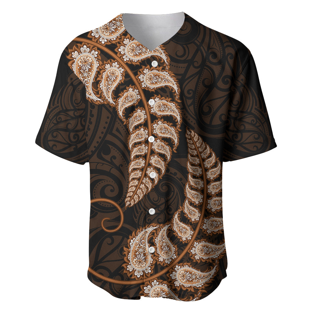 Brown New Zealand Paisley Silver Fern Baseball Jersey Aotearoa Maori - Vibe Hoodie Shop