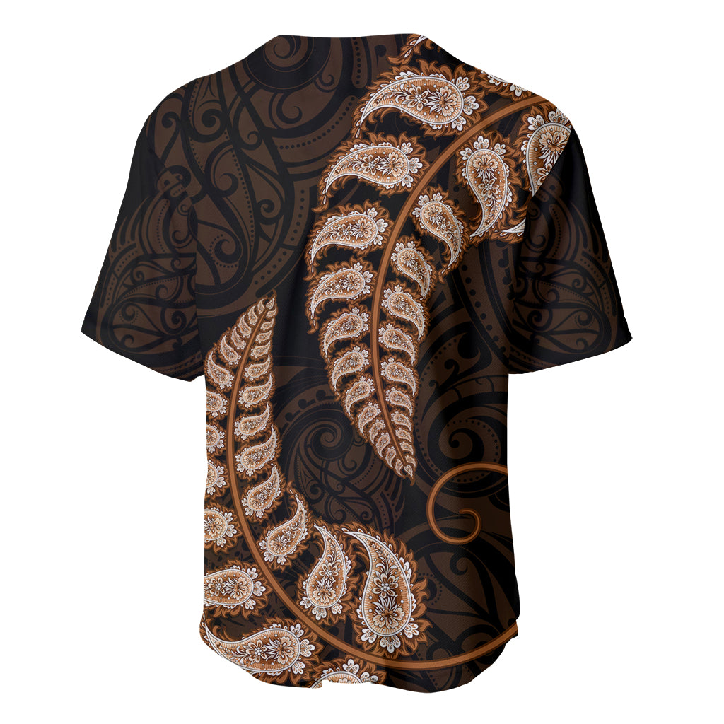 Brown New Zealand Paisley Silver Fern Baseball Jersey Aotearoa Maori - Vibe Hoodie Shop