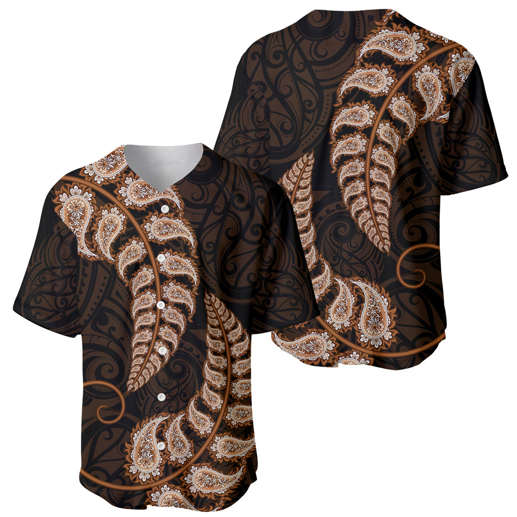 Brown New Zealand Paisley Silver Fern Baseball Jersey Aotearoa Maori - Vibe Hoodie Shop