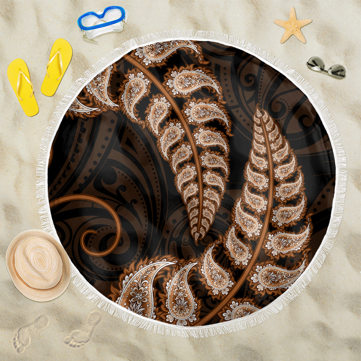 brown-new-zealand-paisley-silver-fern-beach-blanket-aotearoa-maori