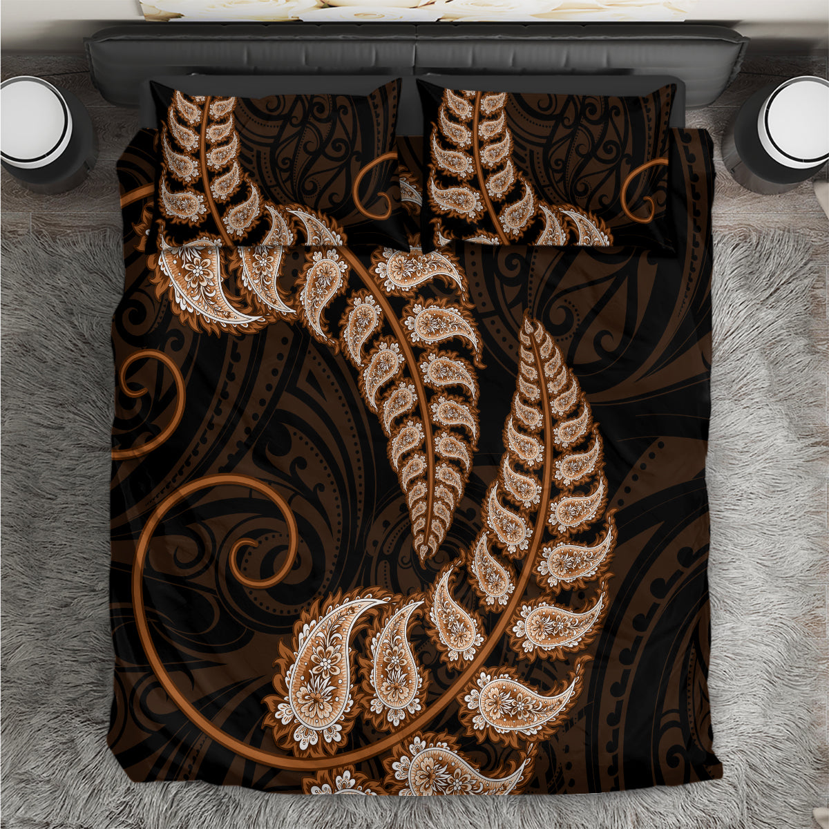 Brown New Zealand Paisley Silver Fern Bedding Set Aotearoa Maori - Vibe Hoodie Shop