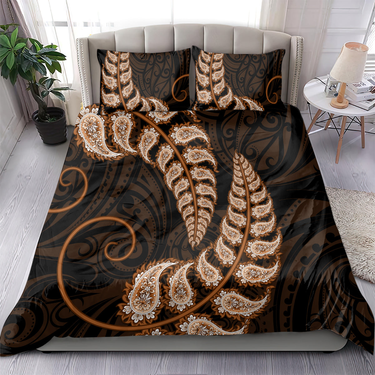 Brown New Zealand Paisley Silver Fern Bedding Set Aotearoa Maori - Vibe Hoodie Shop