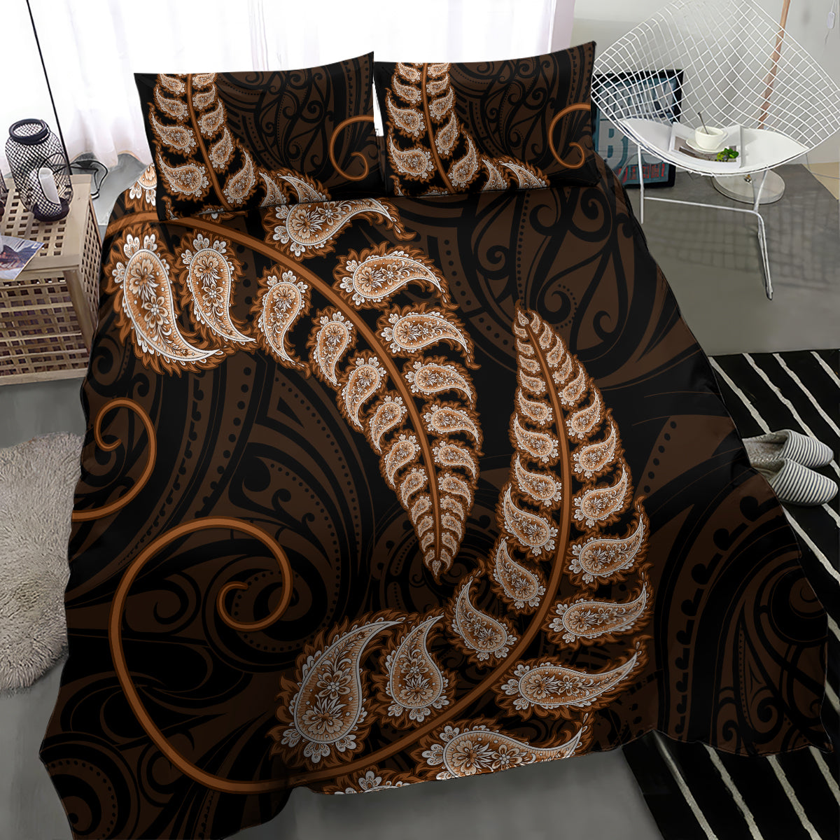 Brown New Zealand Paisley Silver Fern Bedding Set Aotearoa Maori - Vibe Hoodie Shop