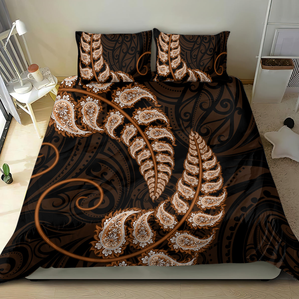 Brown New Zealand Paisley Silver Fern Bedding Set Aotearoa Maori - Vibe Hoodie Shop