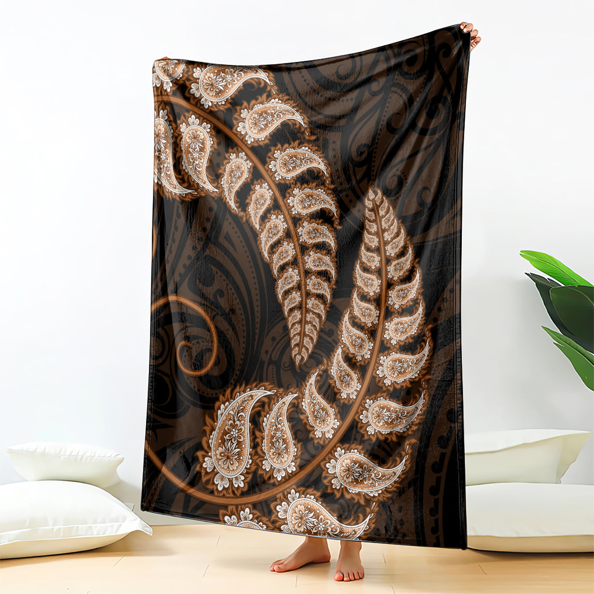 Brown New Zealand Paisley Silver Fern Blanket Aotearoa Maori - Vibe Hoodie Shop