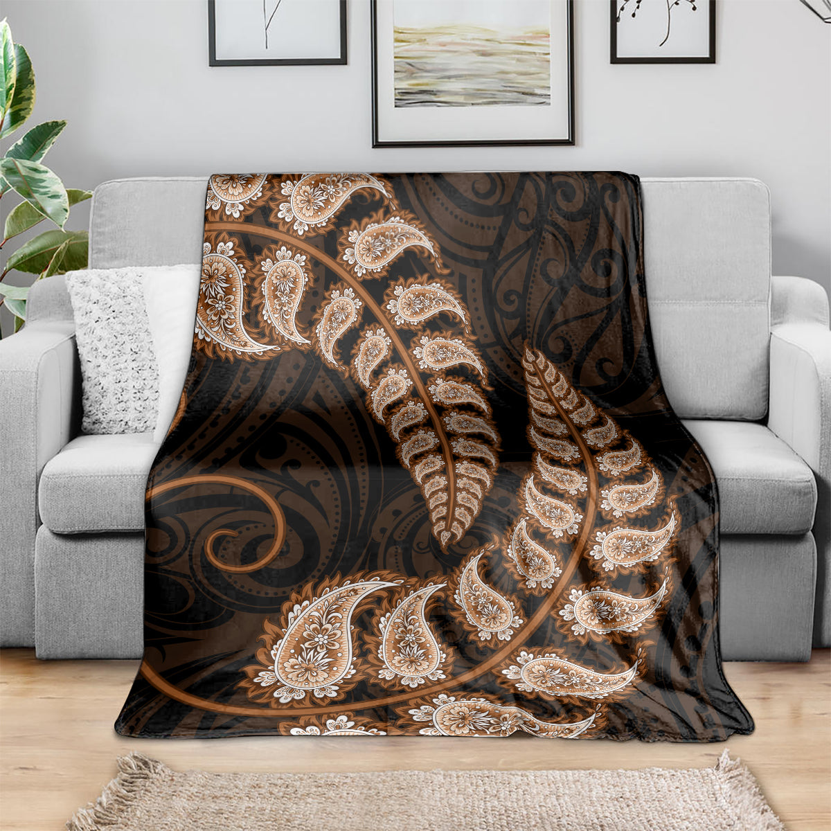 Brown New Zealand Paisley Silver Fern Blanket Aotearoa Maori - Vibe Hoodie Shop