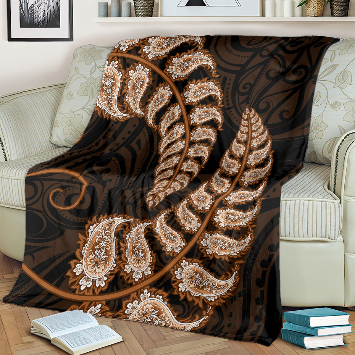 Brown New Zealand Paisley Silver Fern Blanket Aotearoa Maori - Vibe Hoodie Shop