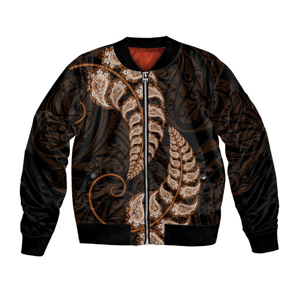 Brown New Zealand Paisley Silver Fern Bomber Jacket Aotearoa Maori - Vibe Hoodie Shop