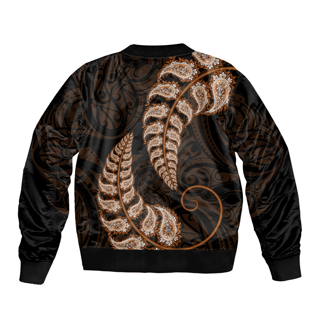 Brown New Zealand Paisley Silver Fern Bomber Jacket Aotearoa Maori - Vibe Hoodie Shop