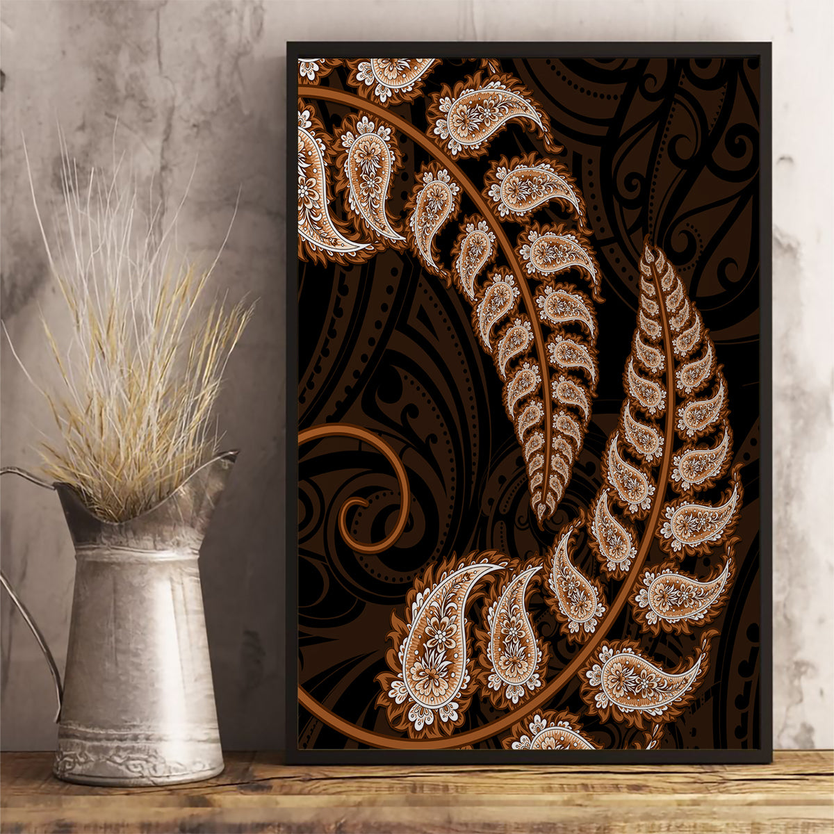 brown-new-zealand-paisley-silver-fern-canvas-wall-art-aotearoa-maori