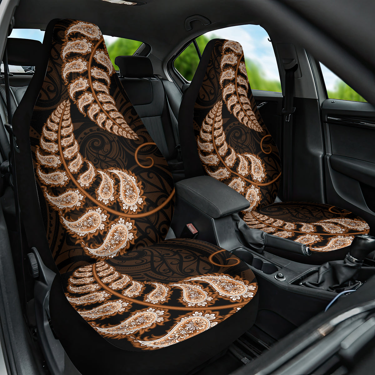 Brown New Zealand Paisley Silver Fern Car Seat Cover Aotearoa Maori - Vibe Hoodie Shop