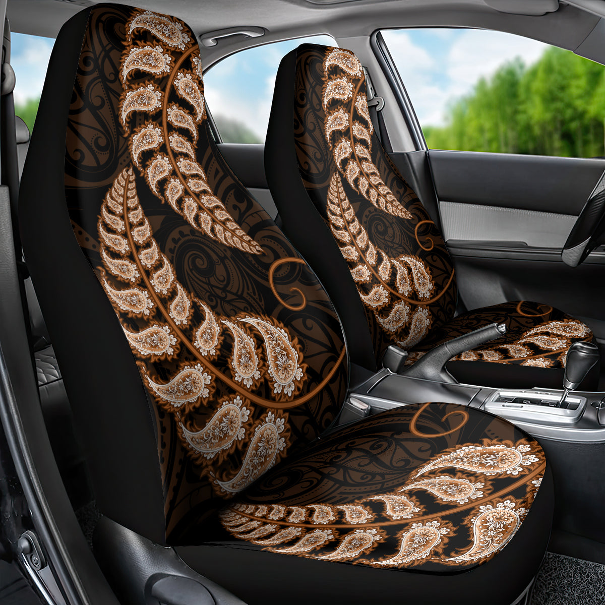 Brown New Zealand Paisley Silver Fern Car Seat Cover Aotearoa Maori - Vibe Hoodie Shop