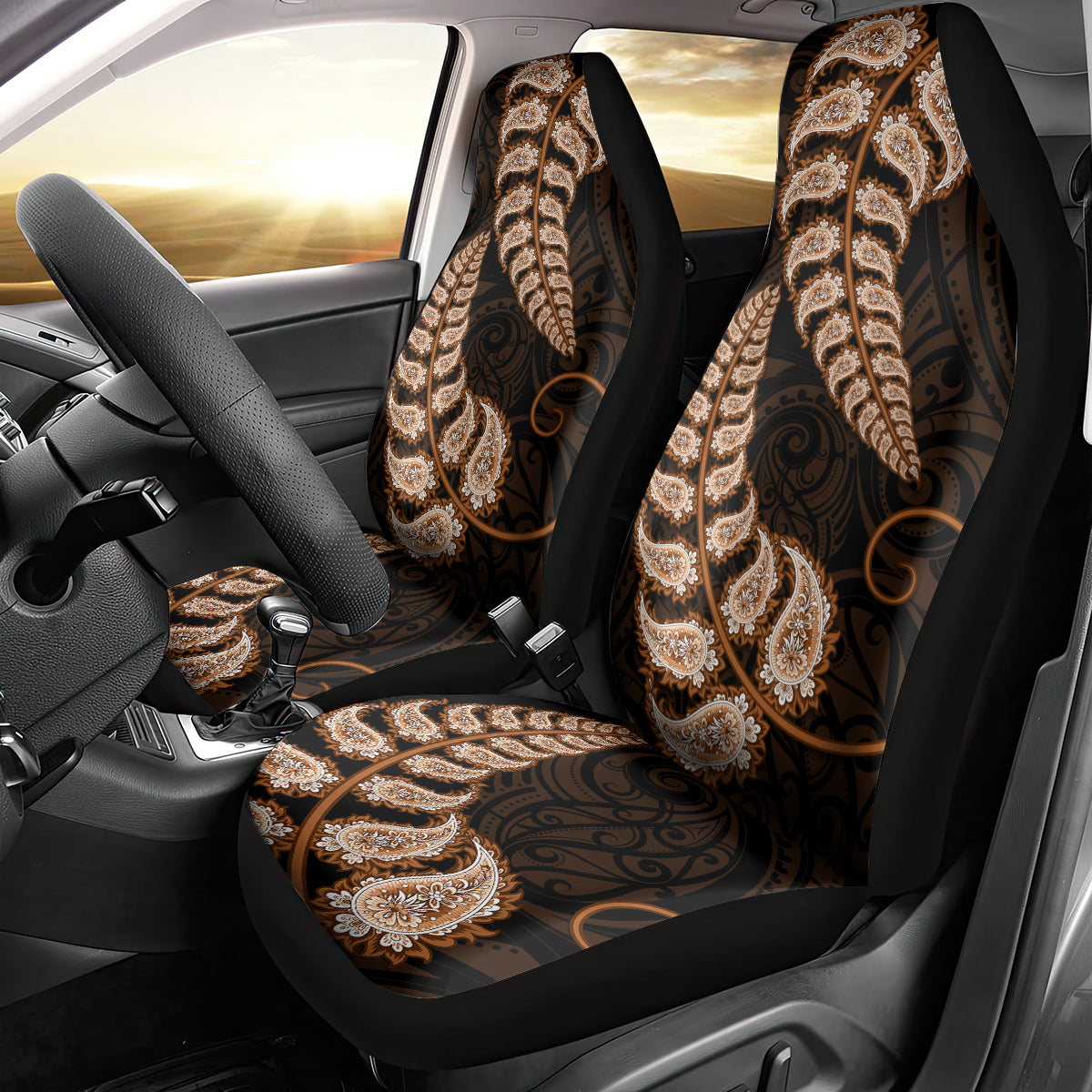 Brown New Zealand Paisley Silver Fern Car Seat Cover Aotearoa Maori - Vibe Hoodie Shop